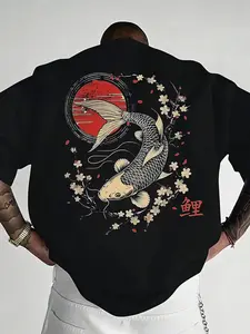 Japanese Koi Carp & Sakura Graphic Fitted Tee - Breathable Heavyweight Cotton T-Shirt - Red Sun Aesthetic Streetwear - Perfect for Music Festivals, Daily Outfits & Urban Fashion
