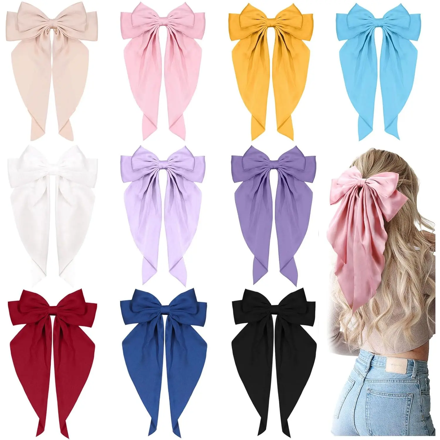 10 PCS Vintage French Large Hair Ribbon Barrettes with Long Tails, Women's & Girls' Bow Clips (10 Colors, Set A) Fashion Hair Accessories