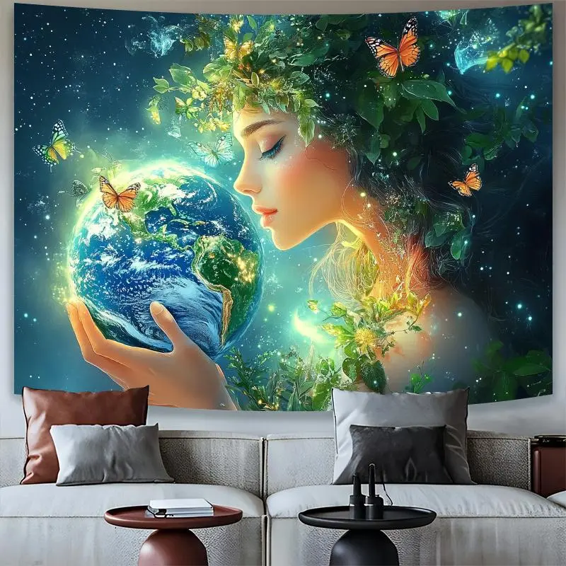 1pc Vibrant Earth and Nature Polyester Tapestry - Wall Hanging with Celestial Design, Butterfly Motif, Greenery, No Power Needed for Living Room, Outdoor Decor, Perfect for Holidays, Birthdays, Anniversaries, Earth Decor White