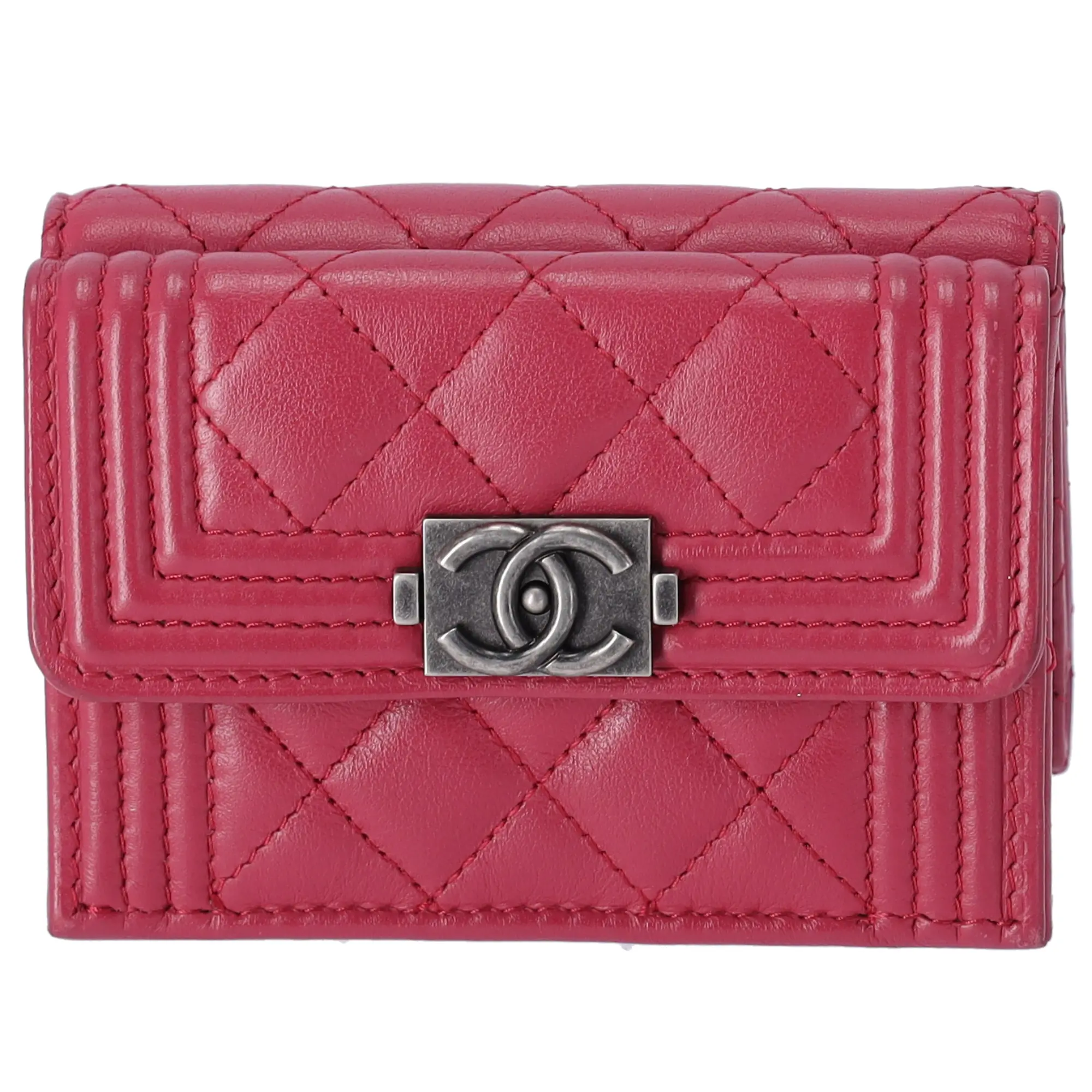 Pre-owned CHANEL Rayon Small Leather Goods Card Wallet Pink Solid Classic Trifold Wallet Lambskin