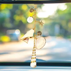 Sea Shell Car Decor, Aesthetic Starfish Seashell Ornament for Rear View Mirror Creative Coastal Hanging Charm Boho Beach Themed Car Accessories for Women Men