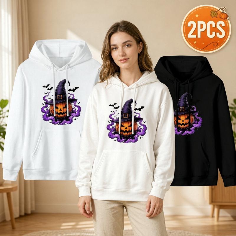 2 Pack Women's Halloween Hoodies with Pockets - Witch Hat Pumpkin Graphic Pullover Sweatshirts, Soft Comfy Spooky Season Fall Winter Outfits, Cozy Witchy Vibes Trick or Treat Loungewear Gifts for Her