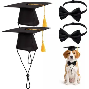 2set Dog Graduation Cap and Gown Set, Mini Graduation Caps with Golden Tassel and Bow Tie, Photo Props for Pet Graduation Ceremonies, Social Media Content Creation, Celebration Events