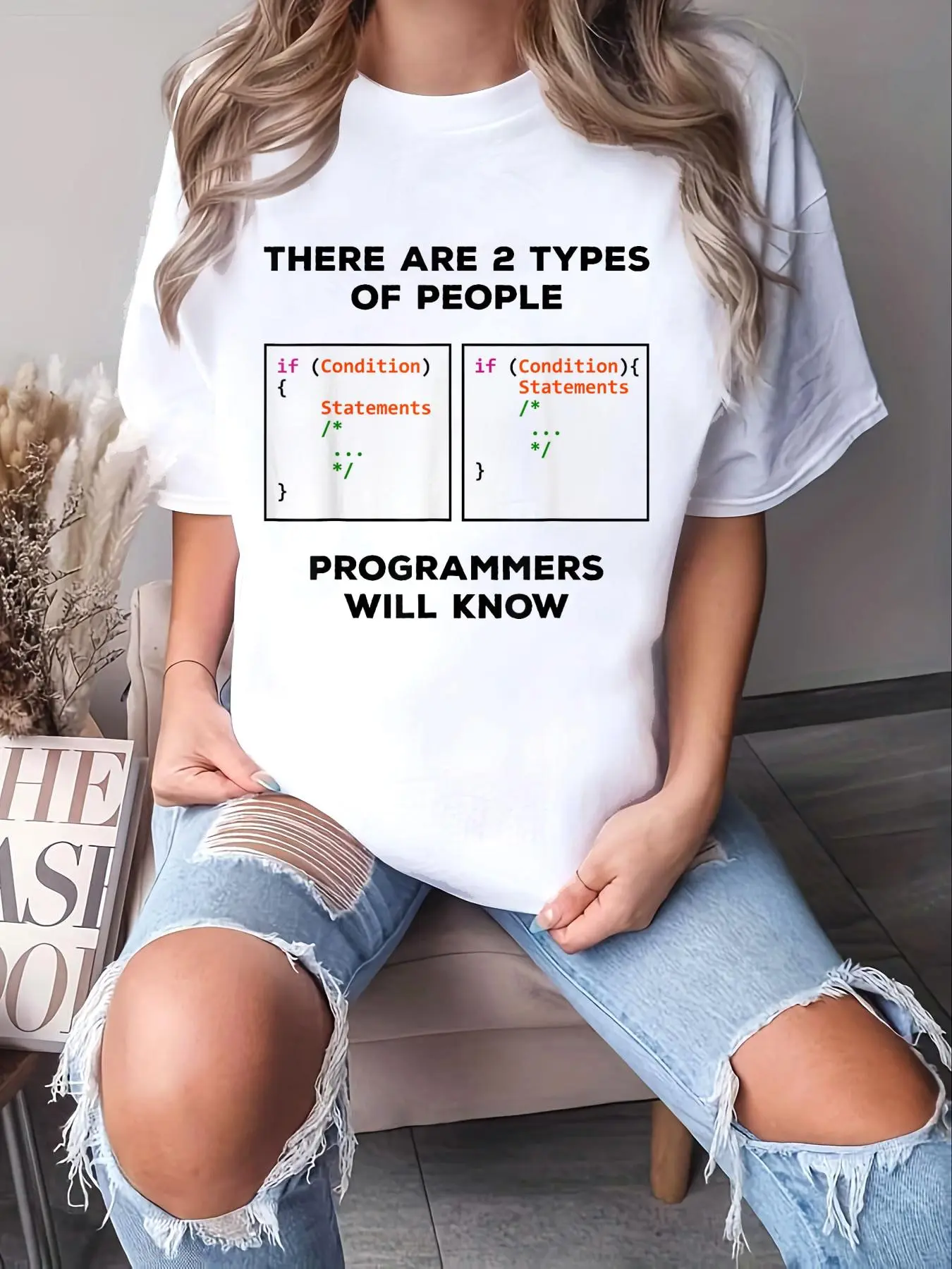 Women's Short-Sleeve 100% Cotton T-Shirt, Unisex Casual Loose Round Neck Programmer Graphic Top, 2 Types of People Coding Gift