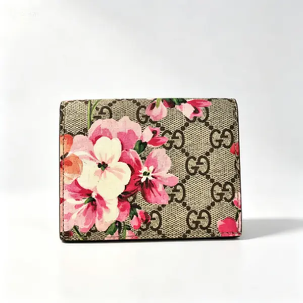 Pre-owned GUCCI GG Blooms Pink Peony Floral Bi Fold Short Wallet Beige GG Monogram Canvas Mini Card Cash Purse