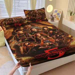 3 Piece "Stranger Things" Themed Fitted Sheet,Including 1 Bed Sheet and 2 Pillowcases,Anti Slip and Dust-Proof Covers Suitable for Bedding Sets in Bedrooms and Guest Rooms,Suitable for Personal Use or Gift Giving
