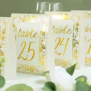25-Pack Paper Wedding Table Numbers 7" White/Metallic Gold French Floral Toile Design with Foil Numbers 1-25 Chic Free Standing Double Sided Table Sign Cards