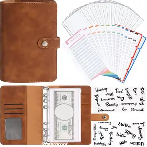 A6 Budget Binder Soft PU Leather Notebook Binder Planner Cover with 16 Pockets Cash Envelopes 12 Expense Sheets 4 Letter Sticker Labels for Bill Brown