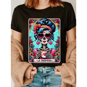 100% Cotton La Chismosa Tarot Card Mexican Chisme , Latina Skeleton T-Shirt Breathable Fabric