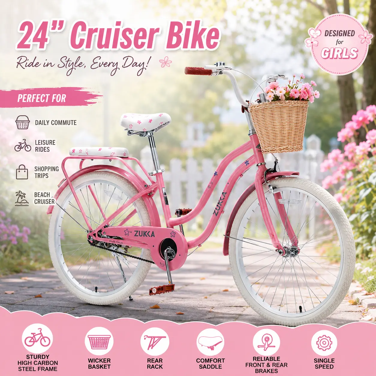 24 Inch Vintage Cruiser Bike for Women & Teens, High-Carbon Steel Frame Comfort Bicycle for Urban Commuting, Single-Speed with Wicker Basket & Rear Rack, Sporty Chic, Bicycle Frame Cruiser Bikes, Pedal Powered Cruiser Bikes