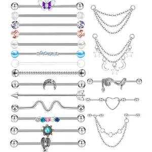 7-16pcs 14G Stainless Steel Industrial Piercing Barbell Earring Cartilage Body Jewelry 38mm 1&1/2 Inch Industrial Piercing Bar for Women Men Snake Chain Dangle