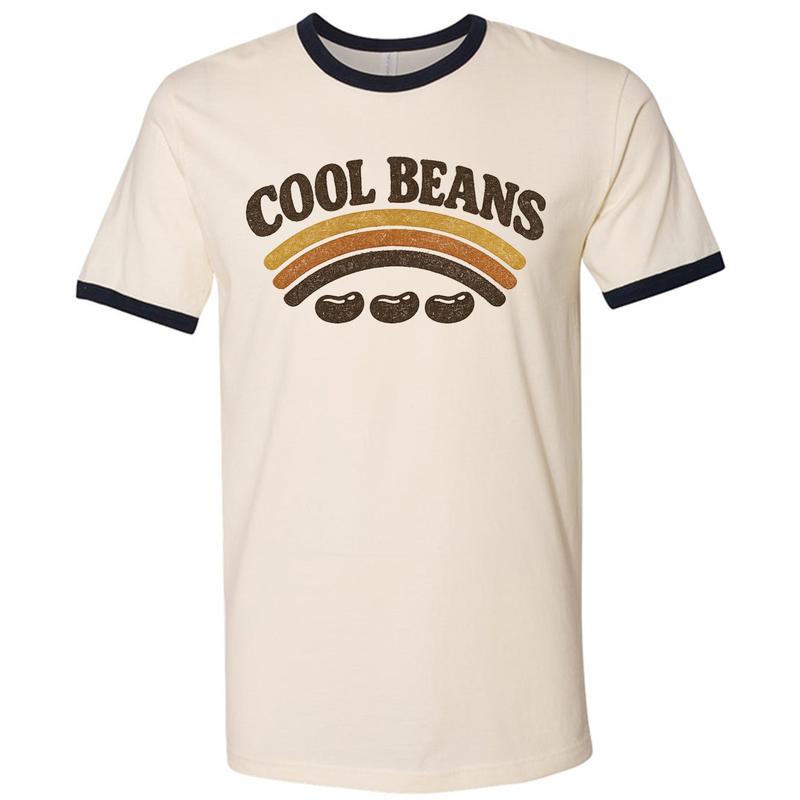 Men's Cool Beans Retro Ringer T-Shirt - Casual Comfy Striped, Bean Detail, Distressed Print, Graphic Front, Soft Fabric, Retro Vibe