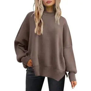 Women's Crewneck Batwing Long Sleeve Sweaters Fall Ribbed Knit Side Slit Pullover Tops Casual Womenswear Check Chic Garment Knitwear Tunic Winter Basic Burgundy Color Minimalist