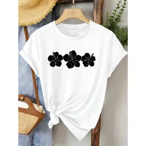 100% cotton women's elegant short-sleeve top with hibiscus flower print and round neck, suitable for spring and summer. Fashionable for commuting, vacation, daily wear, versatile, casual, elegant, and vintage-style top
