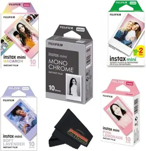 Fujifilm Instax Mini Film Variety Pack 5 Unique Styles Macaron Monochrome Standard Twin Pack Lavender Pink Lemonade 60 Sheets Total with Cleaning Cloth for Instax Cameras