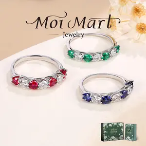 Round Synthetic Moissanite & Lab-grown ruby/sapphire/emerald Eternity 7-Stone Alternating S925 Silver Ring,  Perfect gift and everyday wear
