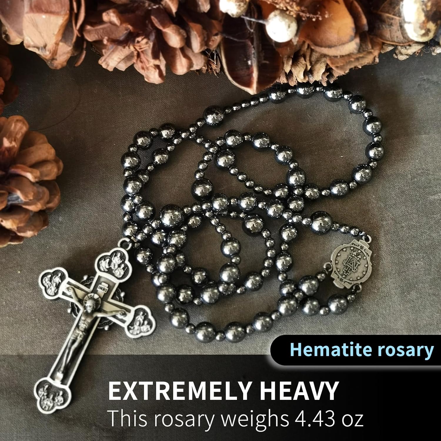 Large Heavy Rosary,Hematite rosary beads catholic for men and women,Rosary Necklace for men with Virgin Mary medal & cross,Handmade of rosarios catolicos Cross Necklace Catholic Gifts