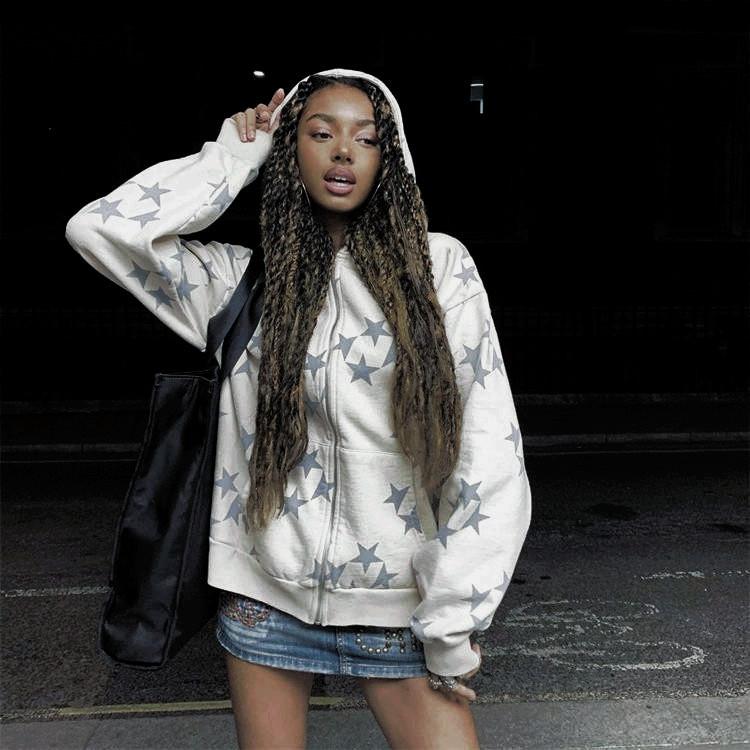 Stars Printed Zipper Hooded Cardigan Couple Fashion Outerwear Hoodies Sweatshirt Street Men Women Coat