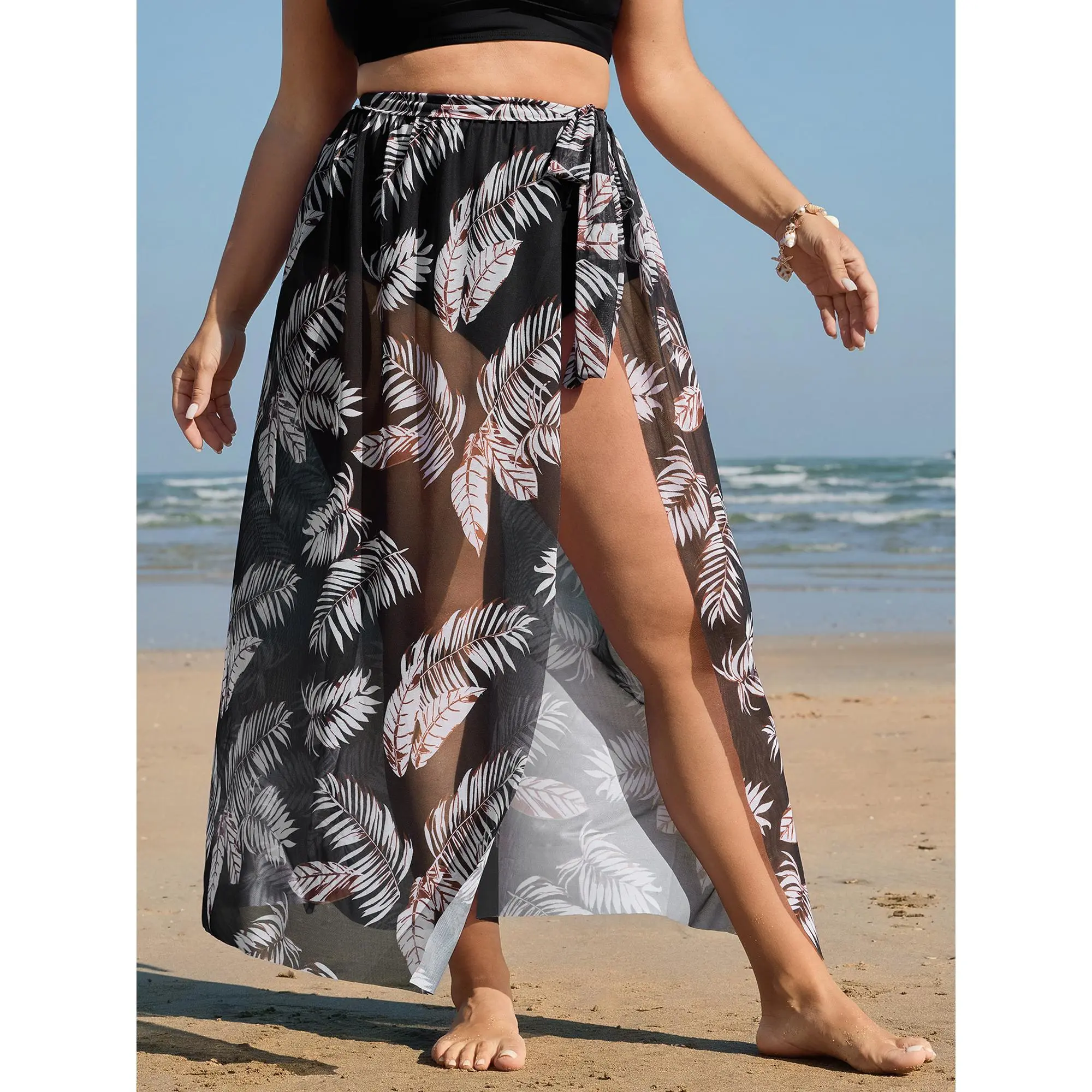 BLOOMCHIC Plus Size Two-Piece Tropical Print Sarong Wrap Swim Bottoms Set [M-6X]2026 Summer Vibes  Swimsuit Cover Up Beach Swimsuit Coverup,Summerfinds