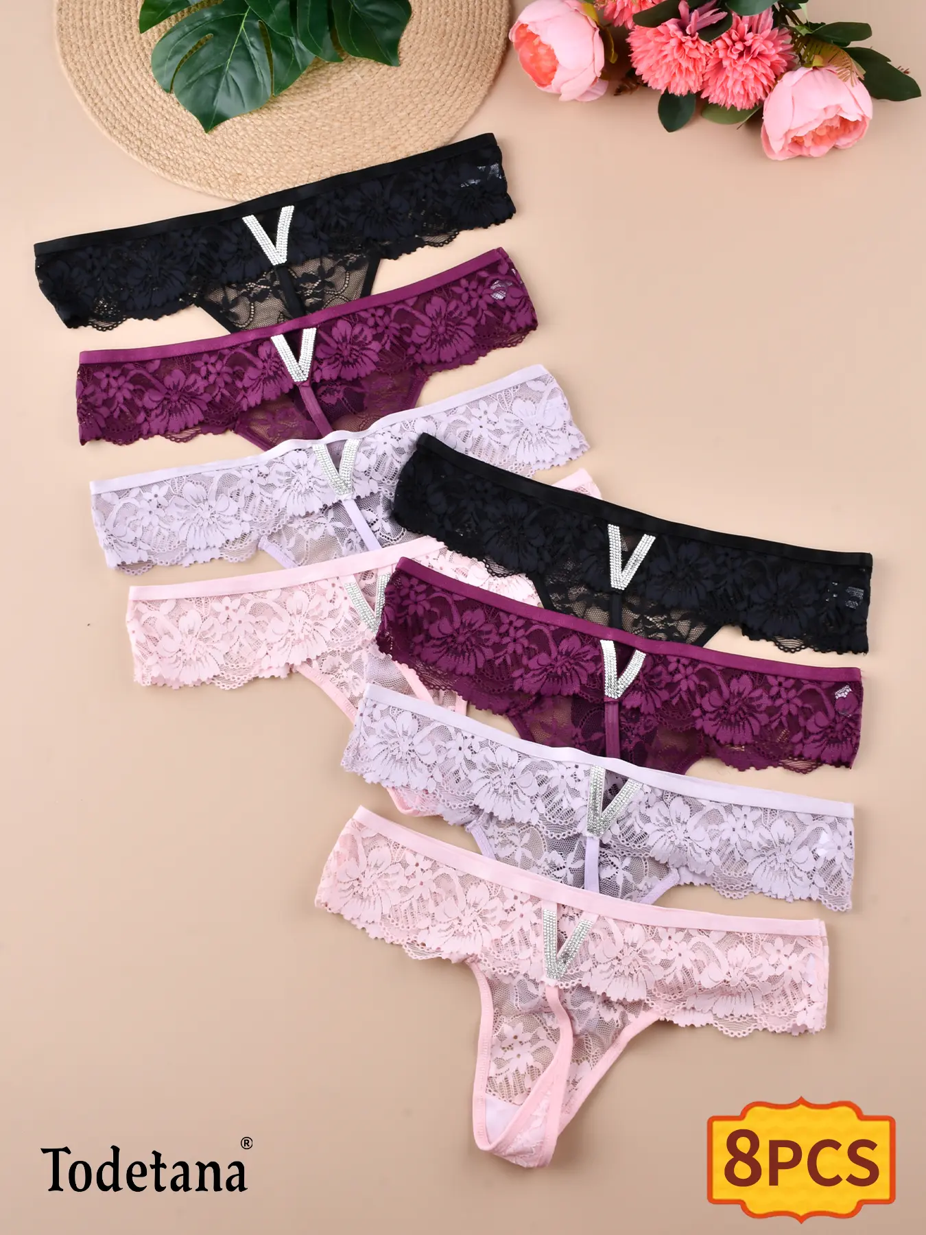 8 Pack Women’s Sexy Lace G-String Thongs, Low Rise Breathable Panties, Soft Cheeky Underwear for Daily Wear