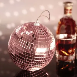 4 Pack 6" Rose Gold Foam Disco Mirror Ball With Hanging Strings, Holiday Christmas Ornaments