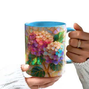 Hydrangea Stained Glass Floral Mug, Botanical Garden Art Coffee Cup Design, Iridescent Flower Gift for Women and Plant Lovers, Aesthetic Ceramic Drinkware for Home Decor, Daily Tea Coffee Mug Style