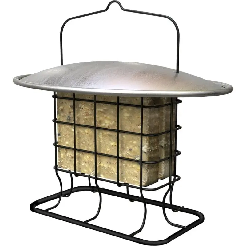 Heavy-Duty Metal Double Suet Cage Feeder with Weather Shield, Black, 2-Cake Cap, 2 lbs Capacity, Perches, Farm Animal & Poultry Feeding Tools