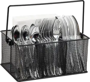 Utensil Holder, Silverware Organizer, Caddy, Cutlery Holder, Kitchen, Metal Mesh, 10"L x 7"W x 4.75"H, Black