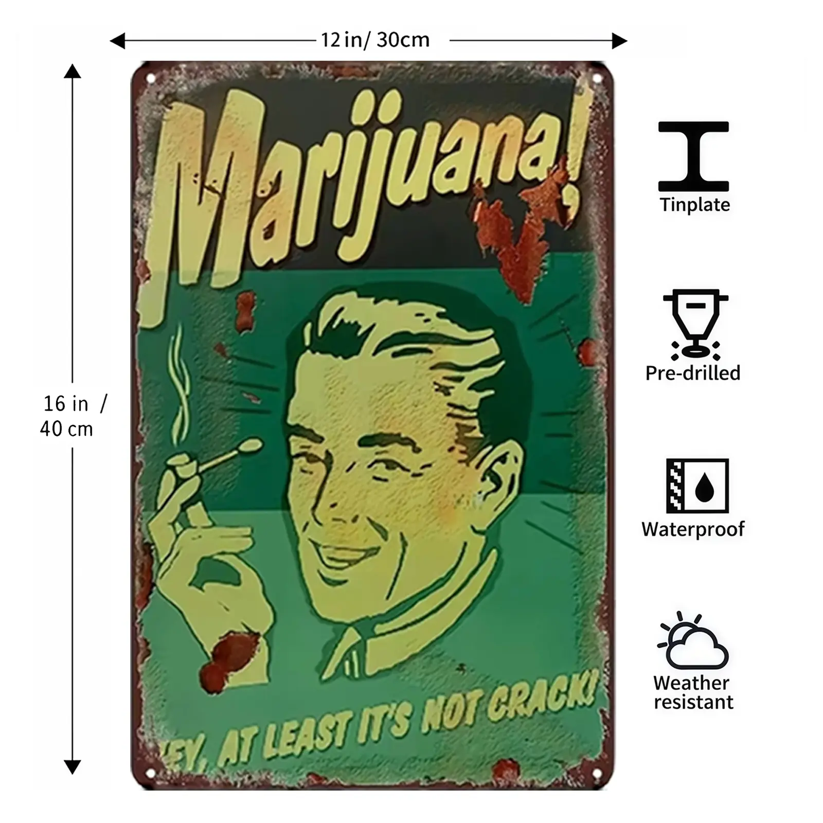 Vintage Retro Funny Marijuana Metal Tin Signs, 8x12in/12x16in Sarcastic "At Least It's Not Crack" Wall Decor, Home Supplies for Smoke Room Man Cave