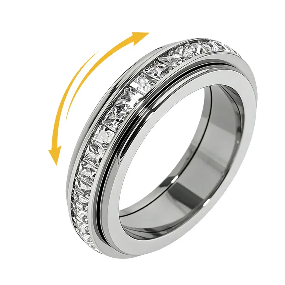 B Anxiety Rings for Women and Men Titanium Steel Spinner Fidget Band Rings with Cubic Zirconia for Stress Relief and Wedding Promise Comfort Fit Size 5 to 12