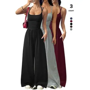 2026 women's sleeveless camisole jumpsuit with ruffled waist, wide legs, Palazzo pants and pocket jumpsuitRAIMENTRY