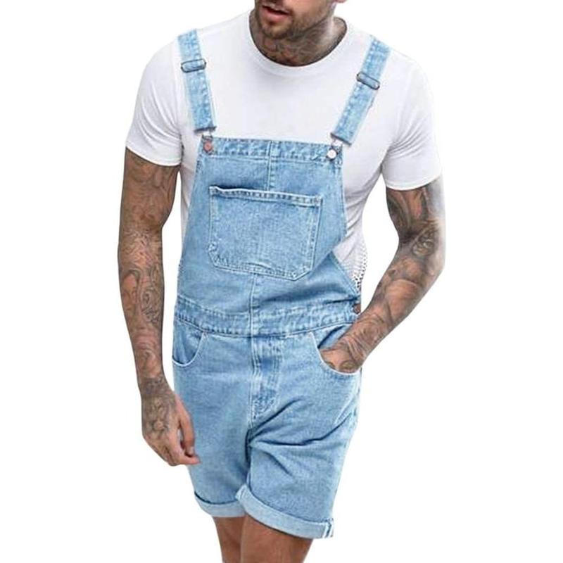 Imily Bela Mens Denim Shorts Bib Overall Jean Romper Casual Loose Fit Walkshort Button Pockets Summer Jumpersuit Fashion Menswear