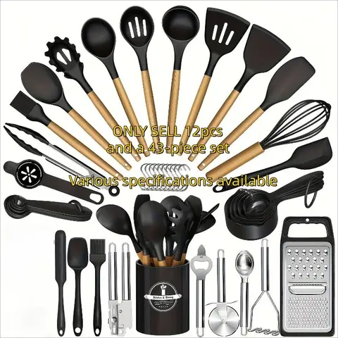 43- 12 Piece Silicone Kitchen Tool Set, Non-Stick Friendly Utensils & Spoons Stainless Steel & Silicone Tools, Kitchen Utensils Gadgets, Essential Cooking Accessories, Home and Kitchen