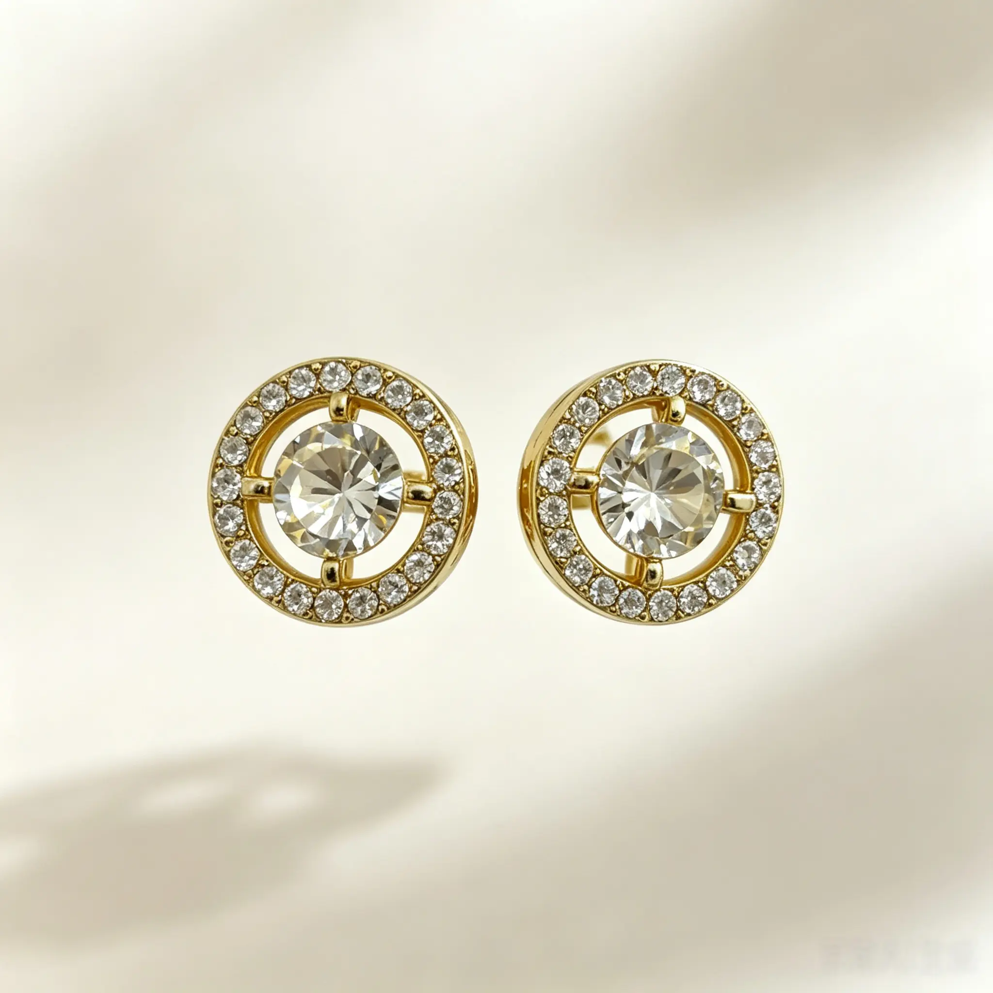 Gold Halo Crystal Stud Earrings for Women, Dainty Round Paved Rhinestone Circle Earrings, Lightweight 14K Gold Plated Sparkly Studs, Elegant Jewelry Gift for Daily Commute Date Night Wedding Party, Girly Delicate Fashion Accessories