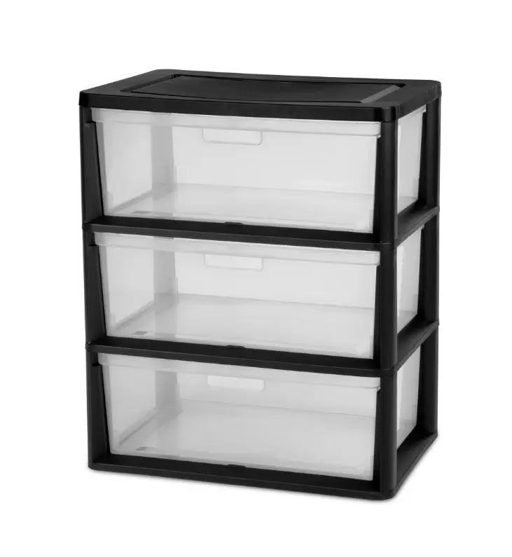 Black Wide 3-Drawer Office Storage Tower, Plastic Organizer with Removable Clear Bins, Tool-Free Easy Assembly
