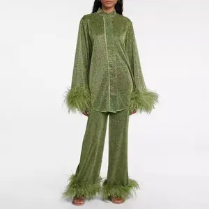 2023 Autumn and Winter New Feather Stand Collar Top Long Sleeve Fashion Casual Long Pants Set Aura Farming