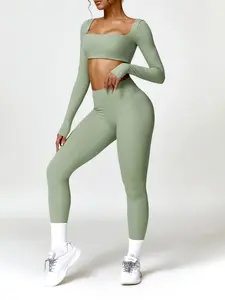Women's Sporty Yoga Set, Square Neck Long Sleeve Top & High-Waisted Pants, Breathable Quick-Dry Fabric, Ideal for Gym & Pilates