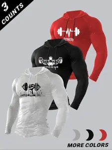 Men's 3-Pack Vintage Fitness Graphic Compression Long Sleeve Hoodies, Retro Athletic Streetwear Fashion, Premium Soft Stretch Material, Slim Fit Silhouette, Suited for Daily Commute, Gym Workouts & Modern Urban Style, Great for Active Trendy Men