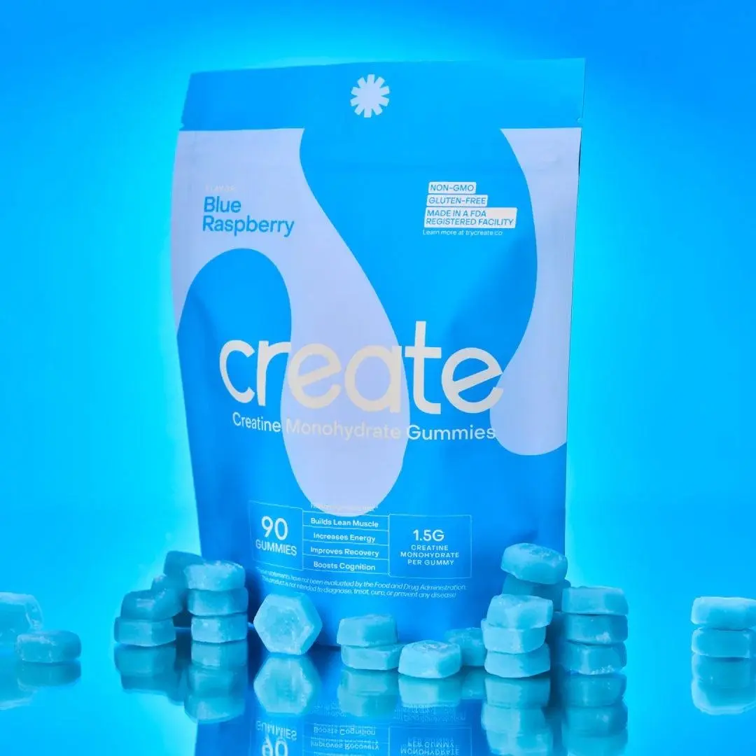 Chewable Creatine Monohydrate Gummies - 90 Count Clean Fitness Dietary Supplement for Adult Men & Women, Blue Raspberry Flavor, Non-GMO, Gluten-Free, Supports Muscle Strength Boost & Focus