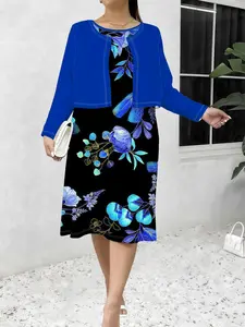 Plus Size Dress + Cardigan Two-Piece Set, Large Floral Full-Print Bright Color, Elegant High Style, Casual Sleeveless Spring & Fall, Womenswear