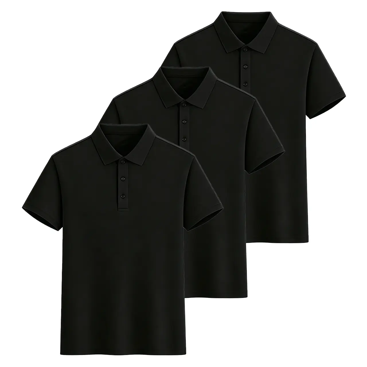 Men's 3pcs Black Collared Tops, Relaxed Fit Short-Sleeve Casual Shirts, Breathable Menswear for Daily Wear, Affordable Fashion, Plain, Breathable Fabric, Three-Piece Pack