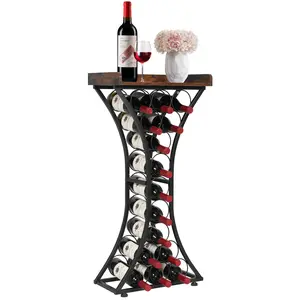【FathersDayGift】VEVOR Sturdy Iron Freestanding 15-Bottle Wine Rack - Shaped Floor Wine Holder with Wood Tabletop, Glass & Champagne Shelf, for Home Bar, Kitchen, 16.9''L x 11.4''W x 35.2''H, Configurable Wine Racks, Furniture-Style Wine Racks