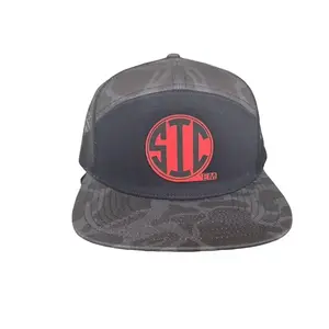 Custom Leather Patch 7 Panel Hat with Red Logo Design and Camouflage Pattern