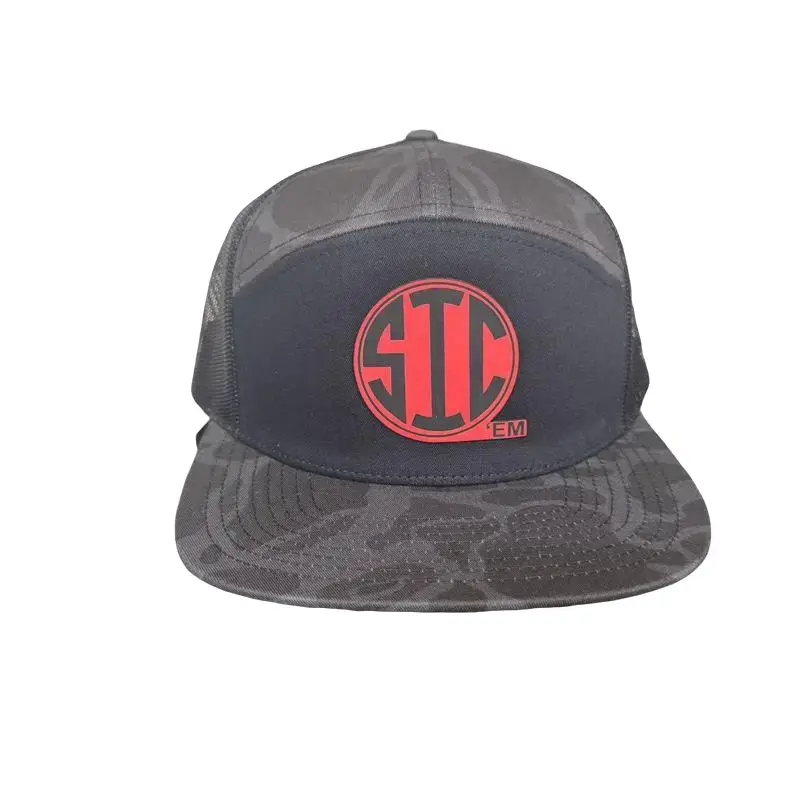 Custom Leather Patch 7 Panel Hat with Red Logo Design and Camouflage Pattern