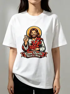 Even Devils Need A Hug Jesus Holding Cute Red Devil Cartoon Graphic Oversized T-Shirt, Retro Vintage Humor Christian Unisex Cotton Tee, Kindness Mercy Funny Faith Casual Top