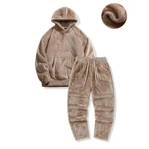 Men's Winter Fleece Thicken Hooded Long Sleeve Warm Sweatshirt Casual Loose All-Match Straight-Leg Long Pants Men's
