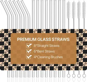 18-Pack Glass Straws, Reusable Clear Glass Drinking Straws Set, 8.5 Inch X 10Mm - Includes 8 Straight and 6 Bent with 4 Straw Cleaner Brush, Perfect for Smoothies, Milkshakes, Juice, Tea KALLAX