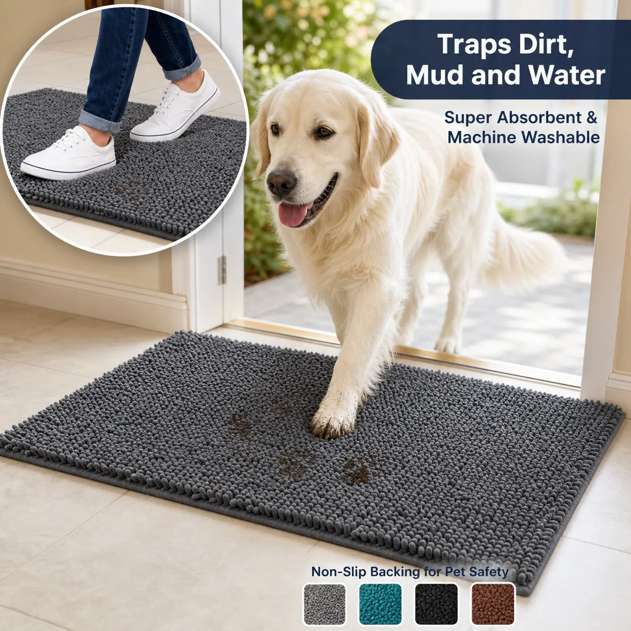 23.6x35.4in Non-Slip Chenille Bath Mat - TPE Backing, Highly Absorbent, Furry Soft, Machine Washable Anti-Slip Backing Bath Mat for Entryway, Easy Clean, Traps Mud & Wet Paws, Anti-Slip Bath Mats, Easy Clean Bath Mats