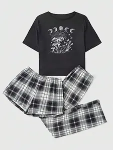 Summer 3 Piece Celestial Mushroom Frog Moon Phase Print Pajama Set Women Short Sleeve Top & Plaid Shorts & Long Pants Soft Lightweight Loungewear Casual Home Sleepwear