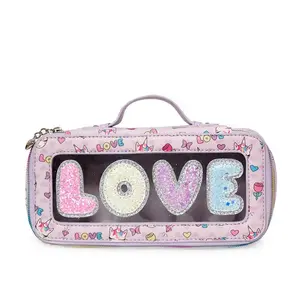 OMG! Accessories Miss Gwen Love Print Clear Travel Pouch, Lavender Glitter Varsity Letters, Zip Around Cosmetic Bag, Rainbow Zipper Heart Charm